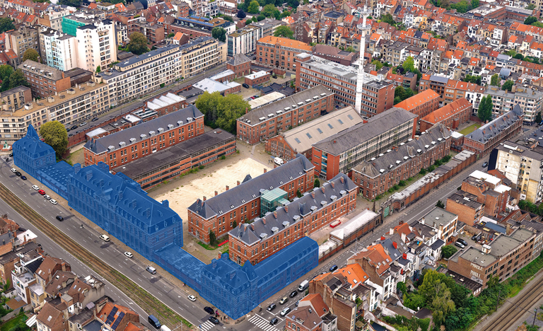 In het blauw de gebouwen met de erfpacht die het Brussels Gewest verleent aan de VUB en de ULB voor de ontwikkeling van het universitaire en academische gedeelte van Usquare.brussels. © sau-msi.brussels (Simon Schmitt - www.globalview.be)