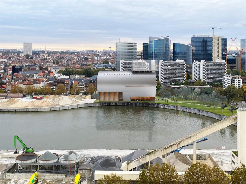 Simulation of the future building, seen from the opposite bank of Vergote Dock. © BEL architecten - CRIT. architecten - Bureau d’études Weinand