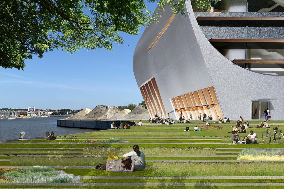 A simulation of the building on the right bank of the Canal’s turning area.  © BEL architecten - CRIT. architecten - Bureau d’études Weinand