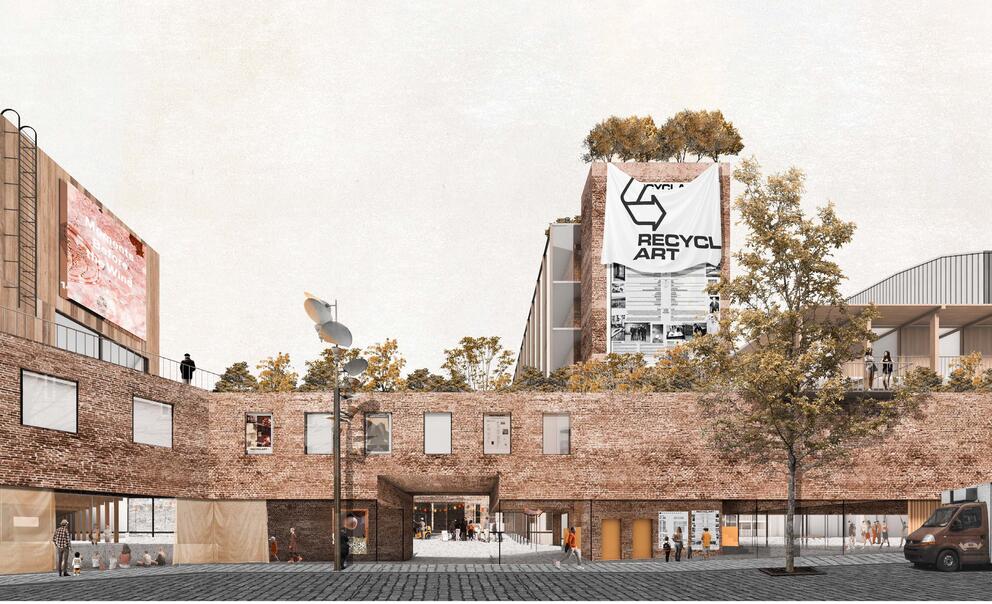 Simulatie van het gebouw gezien vanaf de Manchesterstraat. © sau-msi.brussels (BC architects)